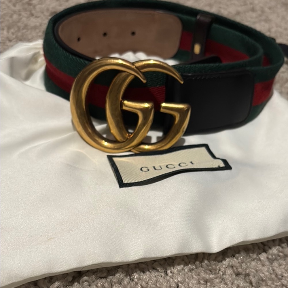 Gucci Green and Red Belt with Gold GG Buckle